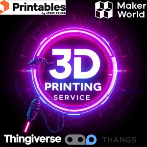 May include: A digital graphic with a neon pink and blue circular design. The words "3D PRINTING SERVICE" are in white, with "3D" prominently displayed. Logos for "Printables", "Maker World", "Thingiverse", and "Thangs" are also present.