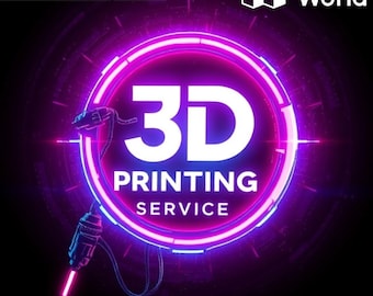 May include: A neon pink and blue 3D printing service logo with the text "3D PRINTING SERVICE" in a white circle. The logo is surrounded by a purple and blue background with a glowing effect. The logos for Printables, Maker World, Thingiverse, and Thangs are also visible in the image.