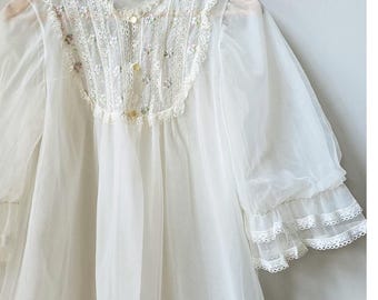 60s Sheer Peignoir Robe: Vanilla White Nylon with Floral Embroidery, Size 36