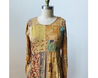 Vintage 90's MSAS Cottagecore Calico Floral Botanical Print Empire Waist Long Sleeved Rayon Dress in Camel Small to Medium 4 6 8 10