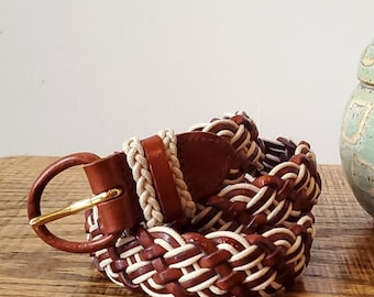 Vintage Talbots Braided Leather Belt Cognac Brown Brass Buckle Academia Boho New TALBOTS Brown Leather Belt Boho Braided Brass Hardware  main image 4