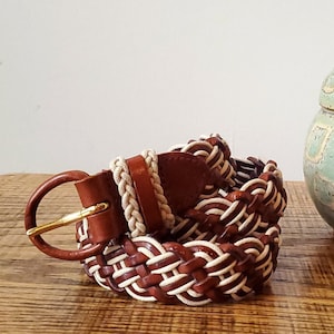 Vintage Talbot&#39;s Braided Leather Belt: Cognac Brown & Cream, Size Small/Medium