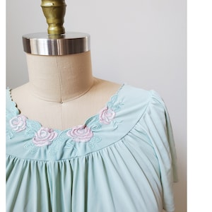 70s Seafoam Green Nightgown: Vintage Embroidered Rose Nylon Sleepwear (S-M)