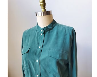 Vintage 90's J.Crew Forest Green 100% Silk Long Sleeved Longline Tunic Blouse with Mandarin Collar L 8 10