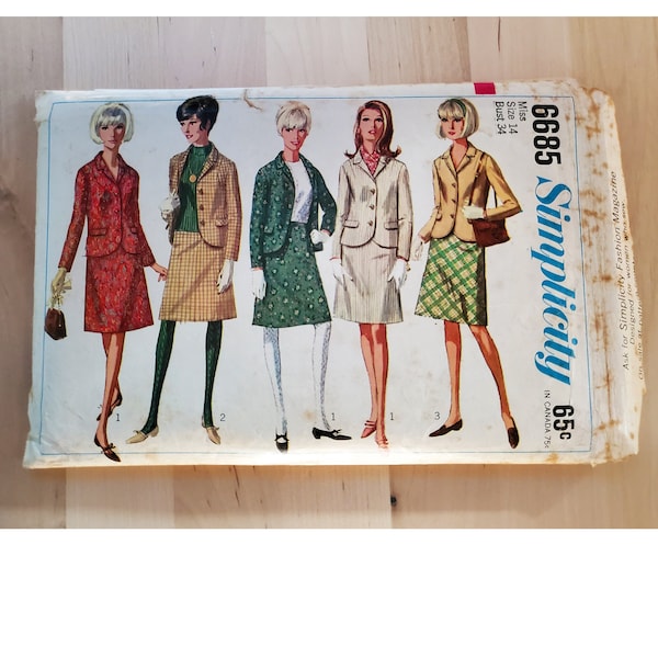 Vintage 60's Simplicity 6685 Classic Fitted Blazer Jacket and A-Line Skirt Suit Set 14 Jean Shrimpton Twiggy Francoise Hardy Audrey Hepburn