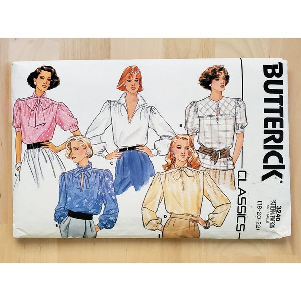 Vintage 80's Butterick 3240 Puffed Sleeve or Long Sleeved Johnny Secretary Bow Pilgrim Ruffled Hi-Neck or Western Bow Collar Blouse 18 20 22