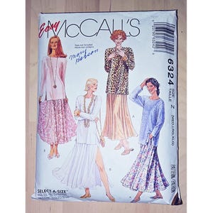 Vintage 90&#39;s McCall&#39;s 6324 Pull on Pleated Midi Skirt with Optional Side Slit and Long Sleeved Crew Neck Tunic Top M L XL 10 12 14 16 18