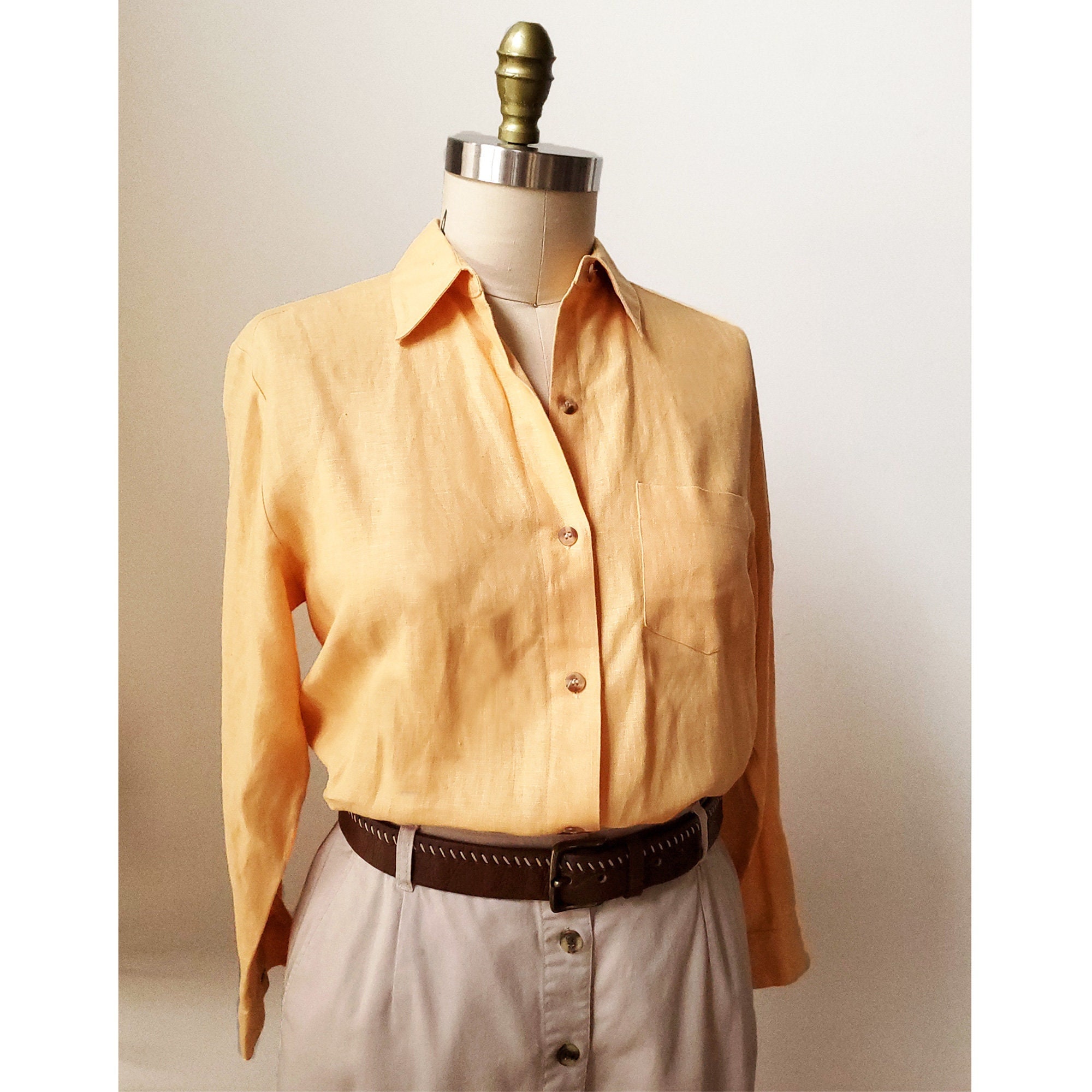 Vintage 90's Tangerine Orange Linen Long Sleeved Dress Shirt with a Pocket at the Chest Size Medium 8 10 12