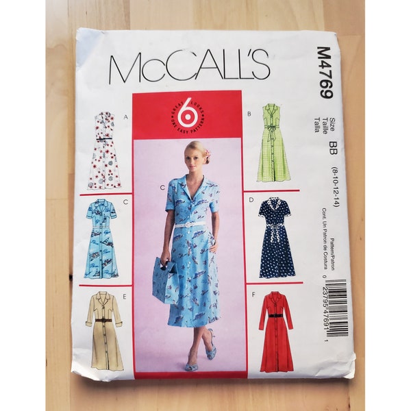 Y2K 2000's McCall's M4769 Collared Short Sleeved Sleeveless Long Sleeved Shirt Dress Sewing Pattern 8 10 12 14 FF UNCUT