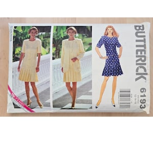 May include: A sewing pattern for a dress with a pleated skirt. The pattern is for sizes 12-14-16 and is from Butterick pattern number 6193.