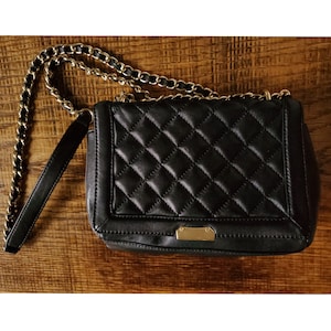 Vintage 90&#39;s Talbots Black Quilted Leather Crossbody Bag with Black Leather and Gold Chain Strap