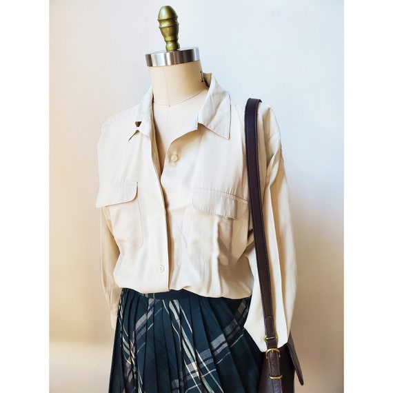 Vintage 90s Karen Scott Rayon Blouse: Tan Button Down Shirt, Cargo Pockets (Large)