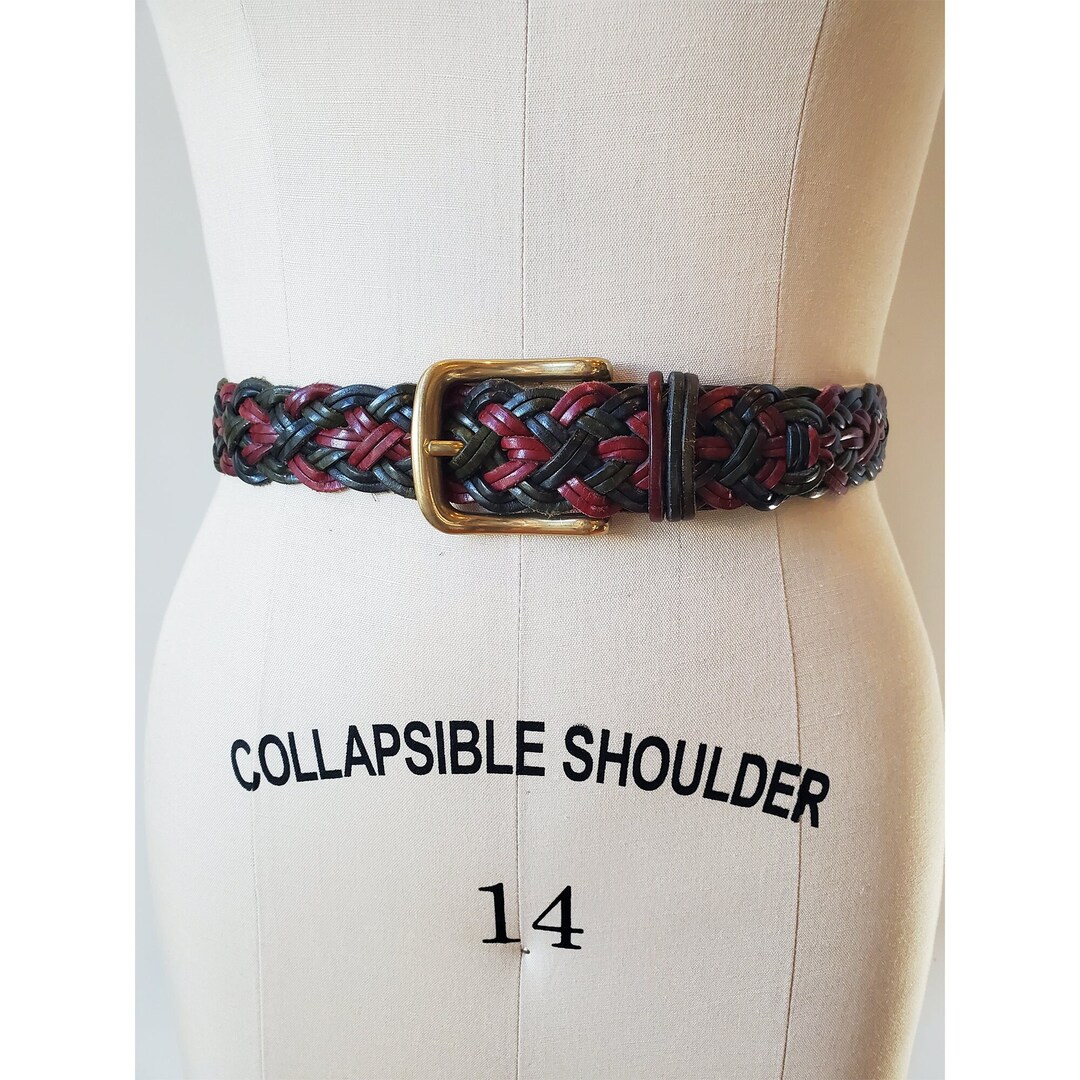 Vintage 90\'s Land\'s End Deep Blue Leather Belt with Solid Brass Buckle 1990s Lands End Braided Woven Blue Cotton & Leather Belt  main image 3