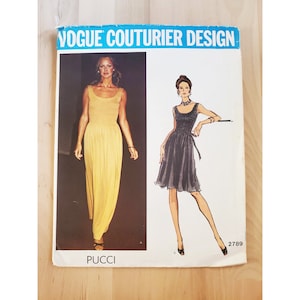 May include: Vintage Vogue Couturier Design sewing pattern for a dress by Pucci. The pattern number is 2789. The pattern shows two models wearing the dress in yellow and black.