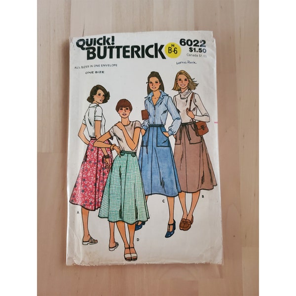 Vintage 70's Butterick 6022 High Waisted Wrap Skirt with Patch Pockets Buttoned Tabs and Optional Tie Waist Belt M L