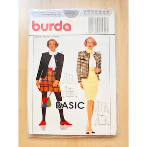 May include: A Burda sewing pattern packet, model 4450, featuring illustrations of jackets and a skirt. The packet has a white background with the Burda logo in red. The word "BASIC" is printed in large letters.