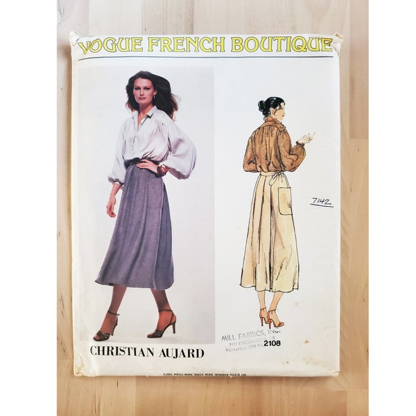 Vintage 70's Vogue 2108 Christian Aujard Long Sleeved Poet Blouse with a Self Tie Belted Wrap Skirt with Patch Pockets 10 FF UNCUT