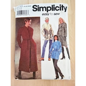 May include: Simplicity sewing pattern featuring coat and jacket designs. The cover shows illustrations of women wearing various coats and jackets in different styles and colors. The text "easy to sew" is prominently displayed.