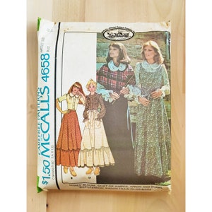 RARE 70&#39;s McCall&#39;s 4658 Bohemian Puffed Sleeve Peter Pan Collar Blouse Ruffled Wrap Skirt Pockets Pinafore Jumper Dress and Headscarf 12