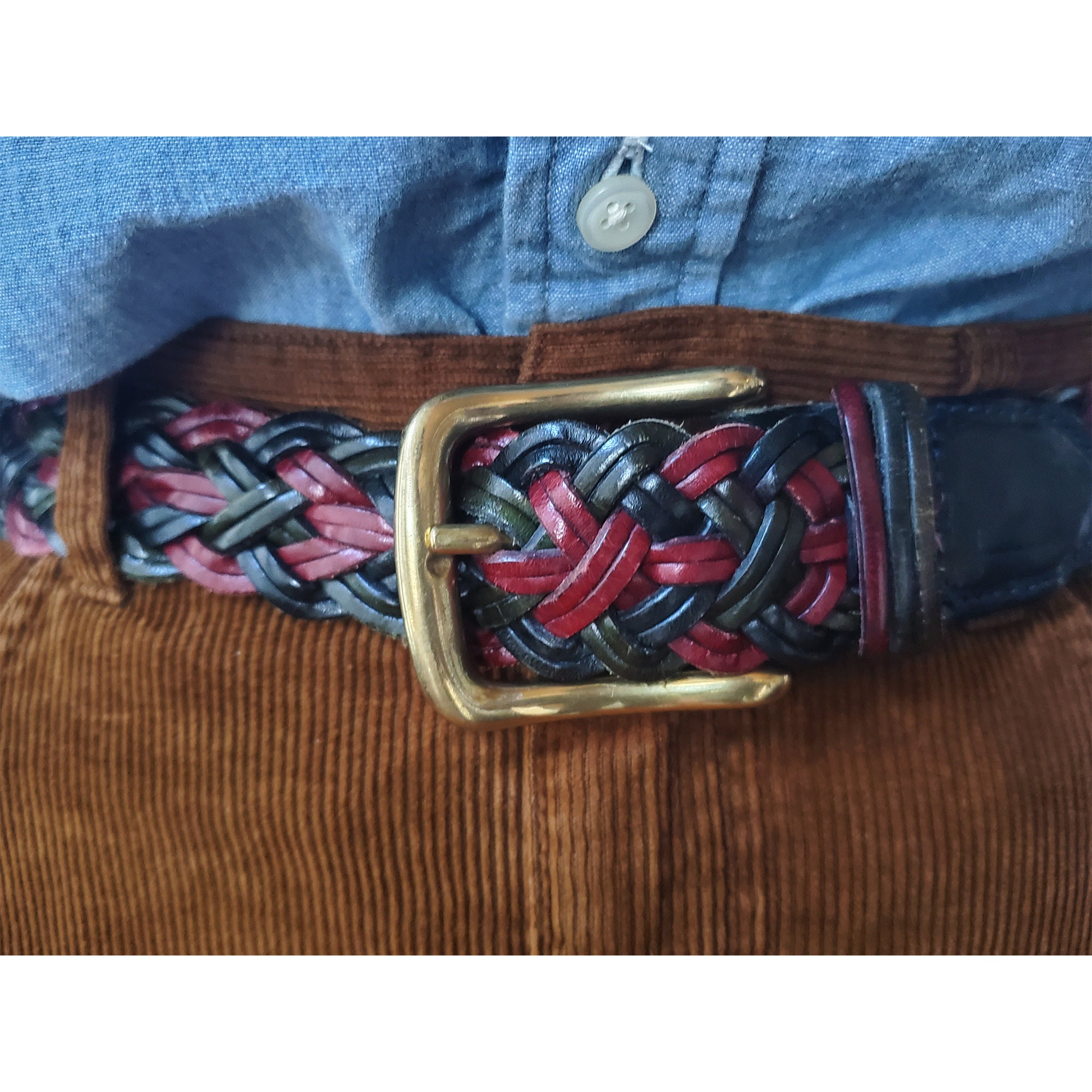 Vintage 90s Lands End Braided Leather Belt: Cranberry, Green  display picture 1