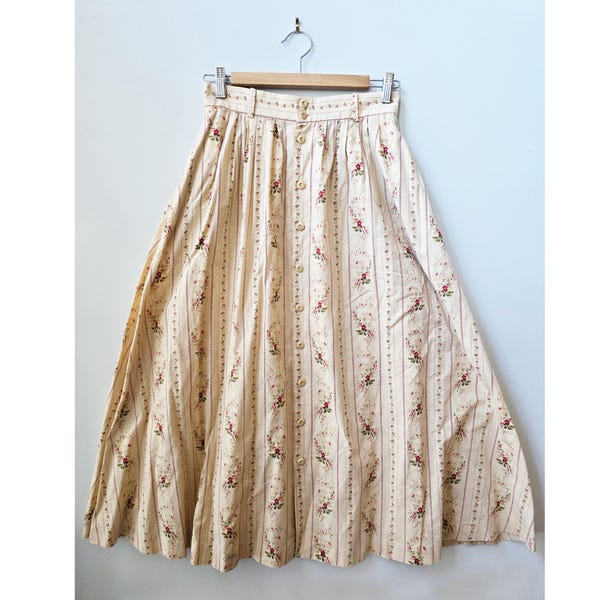 Ralph Lauren Country Beige & Pink Calico Floral Print Linen Skirt 10 Fits like 4
