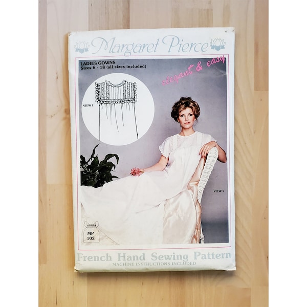 Vintage 80's Margaret Pierce MP 102 Victorian French Hand Sewing Cotton Ruffled Batiste Nightgown Pattern 6 8 10 12 14 16 18 FF UNCUT