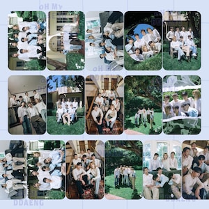 May include: A collection of fifteen rectangular photo cards featuring various group portraits of a musical ensemble. The images depict the members in diverse settings, including indoor rooms, staircases, and outdoor garden landscapes with greenery.