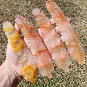 Quartz Feather Carving with Display Stand | Golden Healer | Crystal Feather | Crystal Carving | Fire Quartz | Hematoid Quartz
