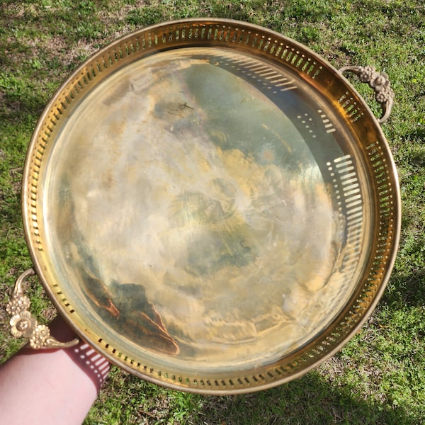 Vintage Brass Tray with Ornate Flower Handles and a Perforated Edge | 9.5 inches in Diameter | 1.25 inches in Height