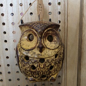 Vintage Ceramic Owl Candle Lantern | 1970s Drip Glaze Hanging Owl Luminary | Retro Brown Gold Tealight Holder Wall Hanging