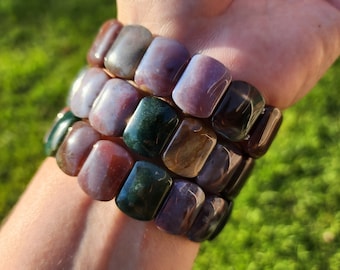 Ocean Jasper Bangle Bracelet | Colorful Flat Jasper Beads