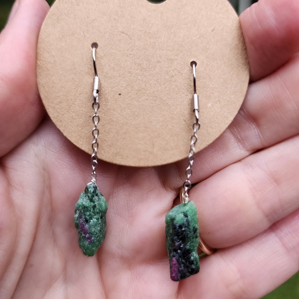 Raw Ruby Zoisite Crystal Dangle Earrings with 925 Sterling Silver Hooks