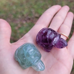 May include: Two carved turtle figurines, one is green and the other is purple. The figurines are made of polished stone and are about the size of a person's palm.