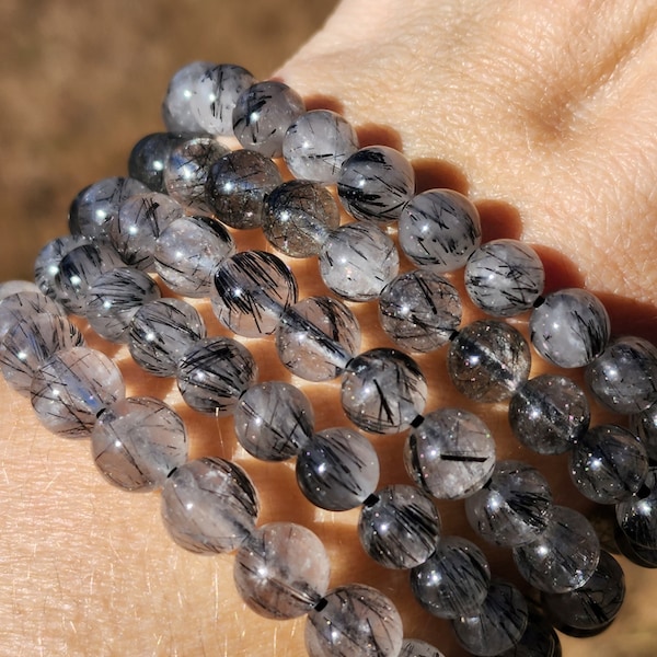 Tourmalated Quartz Beaded Bracelet | 7mm or 8mm Beads| Black Rutile Quartz | Tourmilinated Quartz