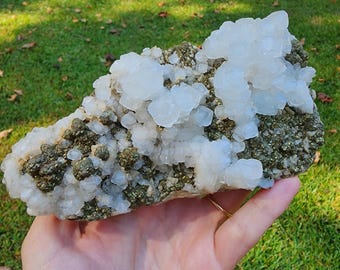 White Calcite & Golden Pyrite Crystal Cluster | Natural Mineral Specimen