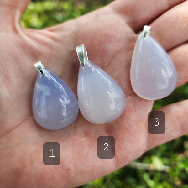 Milky White or Blue Chalcedony Teardrop Pendant w/ S925 Sterling Silver Bail and Optional S925 SS Necklace that is 18 inches