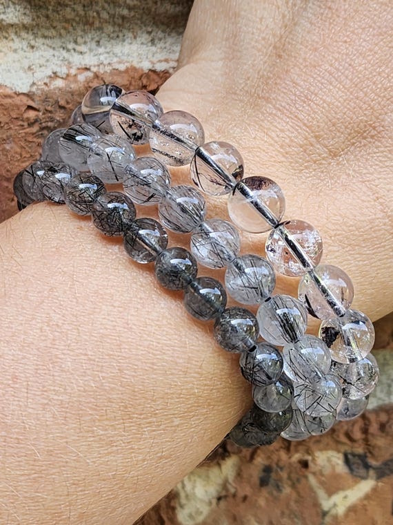 Tourmalated Quartz Beaded Bracelet | Black Rutile Gemstone