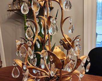 Vintage Italian Gold Leaf Gilt Candlelabra with Crystal Prisms | Holds 4 Candles | Made in Italy