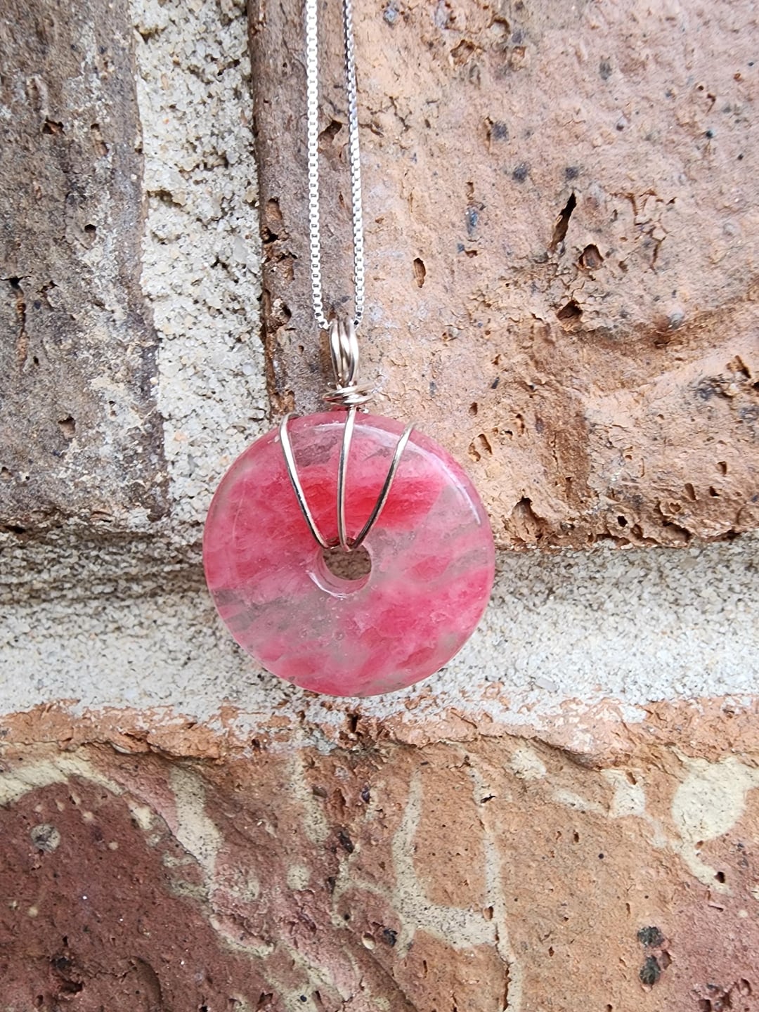 Sakura Rhodonite Donut Pendant W/ Sterling Silver Wire Wrapped Bail ...