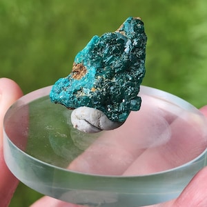 May include: A cluster of vibrant green crystals, likely a type of copper mineral, sits on a clear glass surface. The crystals have a rough, textured surface and are arranged in a random, natural pattern.