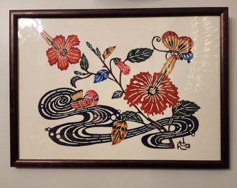 Vintage Asian Batik Painting Hibiscus Bird Butterfly Framed Wall Art 11.5x17