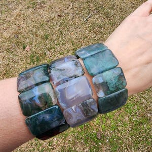 Large Moss Agate Bangle Bracelet | Rectangular Gemstone Beads
