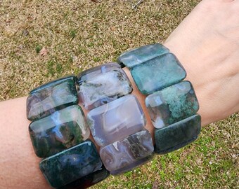 Large Moss Agate Bangle Bracelet | Rectangular Gemstone Beads