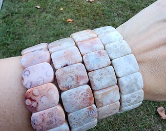 Coral Fossil Bangle Bracelet | Pink, Reddish Orange Stone