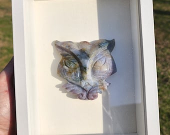 Ocean Jasper Cat Carving | Framed Shadowbox Art