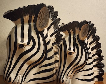 Fitz and Floyd Zebra Head Planter Vase Graduated Pair | 12" & 9" | FF Japan Label | Hollywood Regency Safari Decor | Vintage 1970s Ceramic