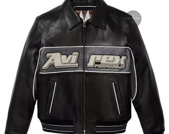 Mens Avirex Black Real Bomber American Flight Jacket Original Cow Leather Men Eagle Jacket