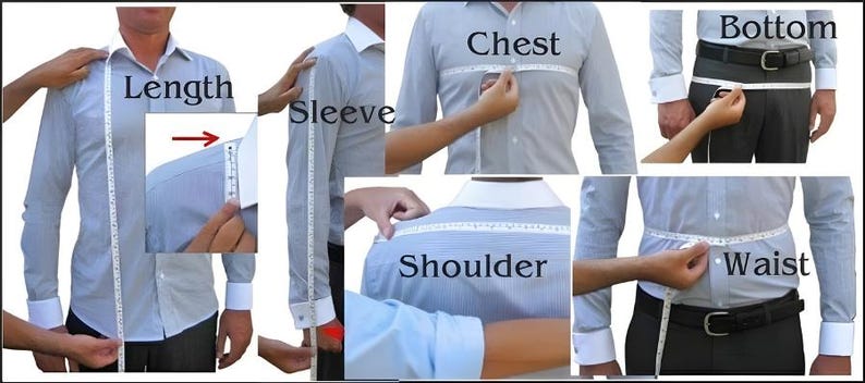 May include: A light blue dress shirt with white cuffs is shown with measurements being taken for length, sleeve, chest, shoulder, waist, and bottom. The shirt is being measured with a white measuring tape.