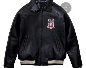 Mens Avirex Black Real Bomber American Flight Jacket Original Cow Leather Men Jacket