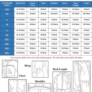 May include: A detailed jacket measurements guide from Leatheritta, with measurements in inches for body chest, jacket chest, waist, shoulder, sleeve, back length, and collar. Includes diagrams for accurate measurement.